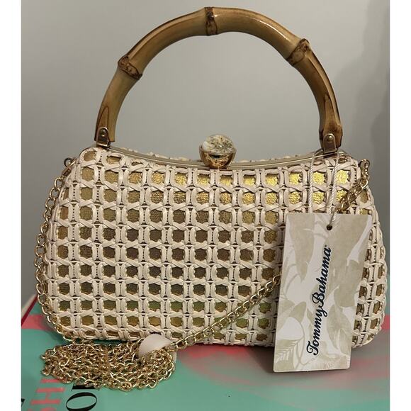 NWT Tommy Bahama Small Bag White/Gold-Bamboo Handle & Gold Chain Shoulder Strap - Picture 1 of 6